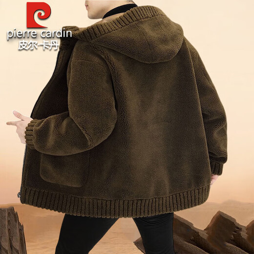 Pierre Cardin 2025 autumn and winter new high-end sherpa jacket men's fur one-piece woolen coat men's jacket threaded hood 965865 zipper gray 2XL 180 Recommendation 130-145Jin Jin equals 0.5 kg