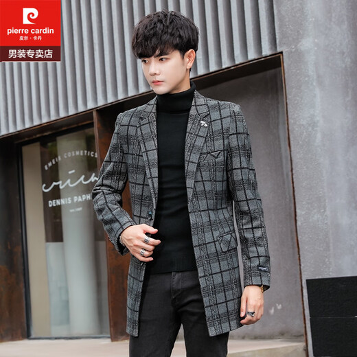 Pierre Cardin men's suit mid-length windbreaker jacket spring and autumn slim woolen top youth Korean style trendy woolen coat deep grid 15 3XL 155-170Jin Jin equals 0.5 kg