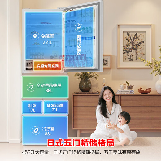 Rongsheng refrigerator 452 liters small glutinous rice five-door French multi-door ultra-thin zero-embedded bottom cooling automatic sterilization and purification 2.0 automatic ice making first-level frost-free BCD-452N50MQNAD automatic ice making + ultra-thin zero-embedded bottom cooling + automatic sterilization