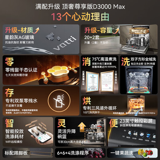 VATTI Small UFO Max Double Star Embedded Dishwasher 18+2 Sets Large Capacity Full Area Washing Independent Disinfection Intelligent Delivery Five-Star Disinfection First-Class Water Efficiency D3000Max 20+2 Sets iD3000Max Exclusive Edition