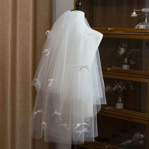 Bai Qixin Veil Proposal Super Fairy Beaded Bow Knot Bride Wedding Photo Collection Certificate Registration Bow Puffy Headdress Yunli Beaded Bow Tie Veil 75cm Hair Comb Style