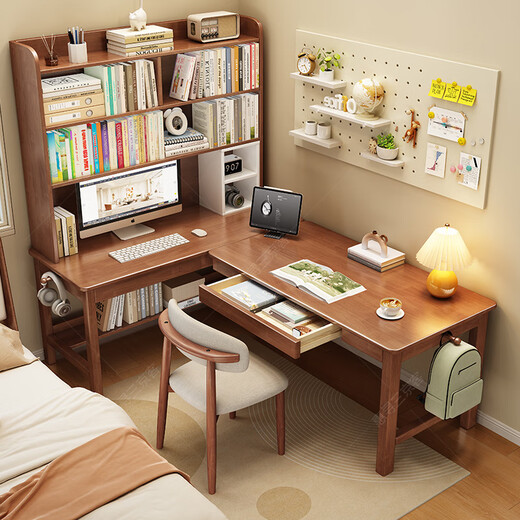 Huixun solid wood corner table desk bookshelf integrated bedroom 7-shaped L-shaped wall office computer desk bookcase combination study table walnut color #desk + bookshelf 140cm*60cm*190cm auxiliary seat length 120cm