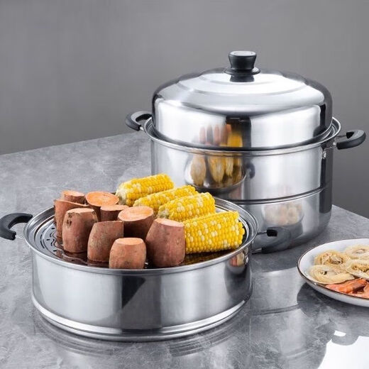 Thickened steamer stainless steel soup pot household two-layer three-layer multi-layer steamer hot pot induction cooker open flame universal pot silver 2 layers 26cm