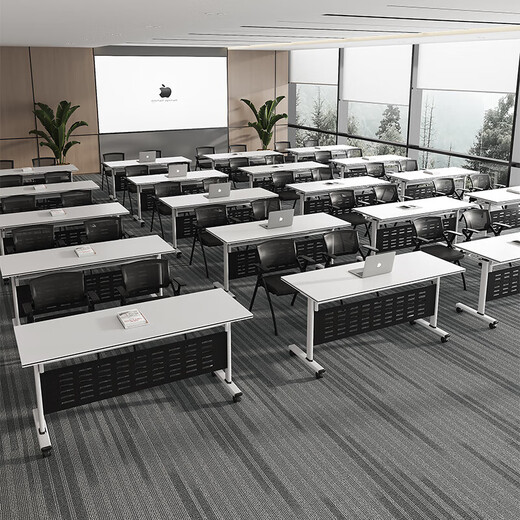 Folding conference table and chairs, removable splicing long table with wheels, multi-functional office desk, training desk and chair combination, length 1200*width 400*height 750-white, self-installation
