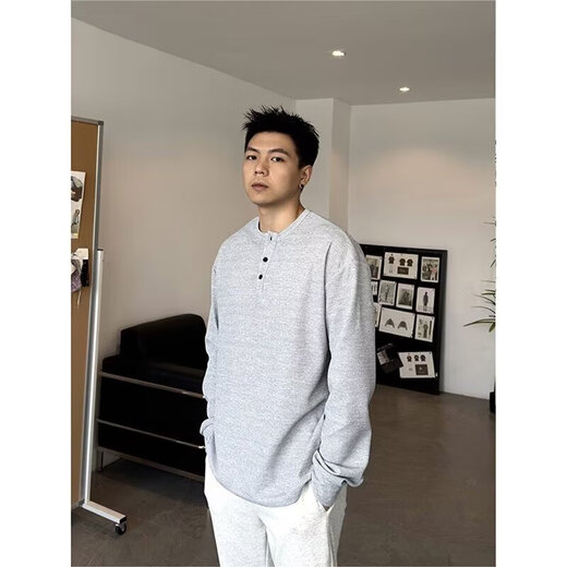 American Henry Collar Waffle Long Sleeve T-shirt Men's Autumn 25 Years Premium Sweatshirt Men's Casual Bottoming Shirt Black L Recommended 100-120 Jin Jin equals 0.5 kg