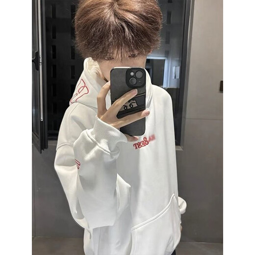 趣米乐美式高街硬挺连帽卫衣男秋冬季宽松潮流重磅慵懒上衣情侣外套帽衫 白色-加绒 L 【建议100-120斤】