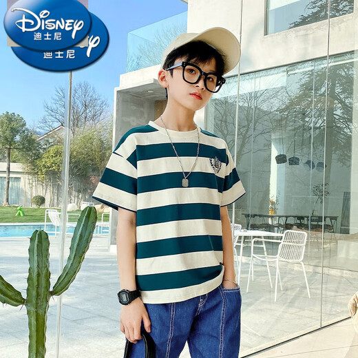 Camiseta a rayas de Disney Boy Camiseta de manga corta 2025 Summer NUEVA CORA COREANA COREANA Top Big Children Street Algodón Half-manga 9732 Striegas + 1227 Negro [comerciante, ropa de moda 120 cm