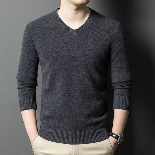EMZ Ordos pure wool sweater men's autumn and winter thickened V-neck sweater loose inner knitted base V-neck/dark gray V-neck/dark gray L 170 recommended 115-130 Jin Jin equals 0.5 kg