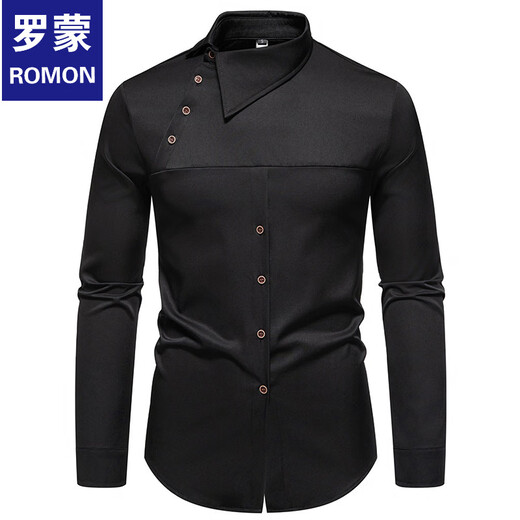ROMON 2025 new men's European size personalized inclined button Henry collar long-sleeved shirt men's casual shirt white M