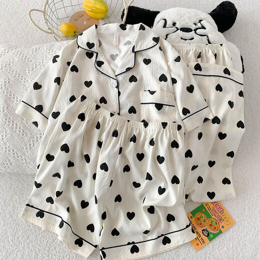 
abcdggd three-piece set of love pajamas for women in summer short-sleeved cute peach heart cardigan loose cloud cotton summer home clothing set JS-9901# pink border mike three-piece set M size 155-162 weight b