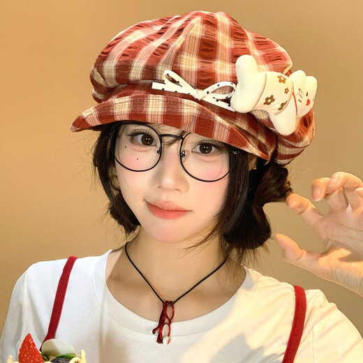 QUEEN TRIP Cute Kitten Bow Plaid Beret Women's Face Revealing Small Flap Octagon Hat Big Head Newsboy Painter Hat Red-Kitten Bow Plaid Beret