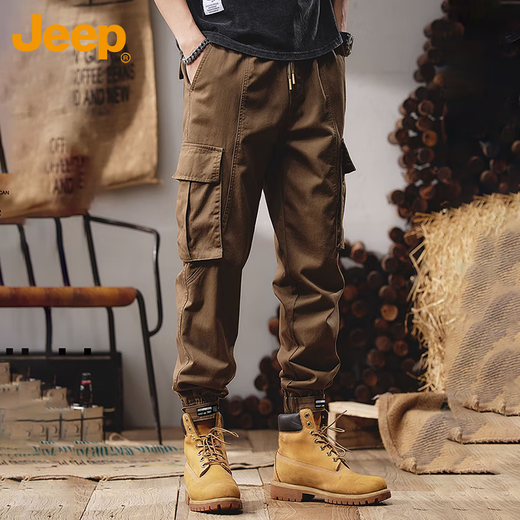 JEEP overalls men's casual pants cotton autumn and winter trendy leggings long pants men's Khaki XL