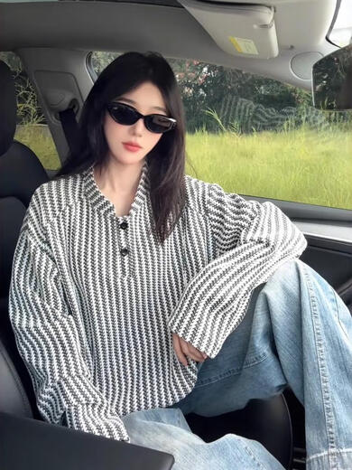 Feimaibo herringbone pattern American Henry collar sweatshirt for men in autumn heavy houndstooth long-sleeved T-shirt with bottoming shirt for men white M M recommended 105-120 Jin Jin equals 0.5 kg