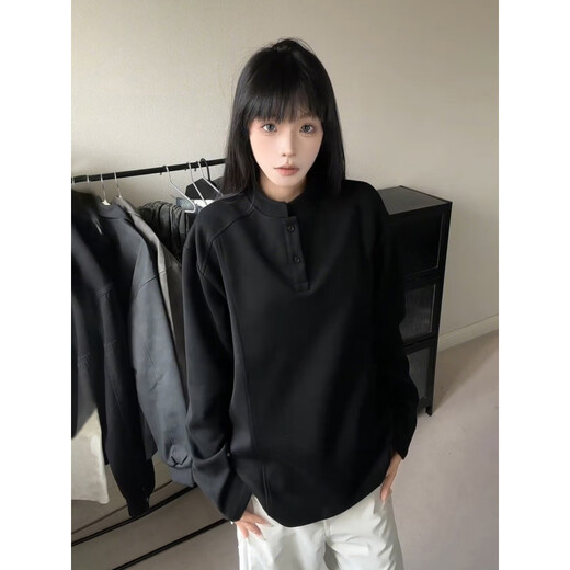 QGF Henry collar right shoulder long-sleeved T-shirt men's autumn and winter deconstructed plus velvet American warm heavyweight sweatshirt base layer white gray regular XL recommended 110-130Jin Jin equals 0.5 kg