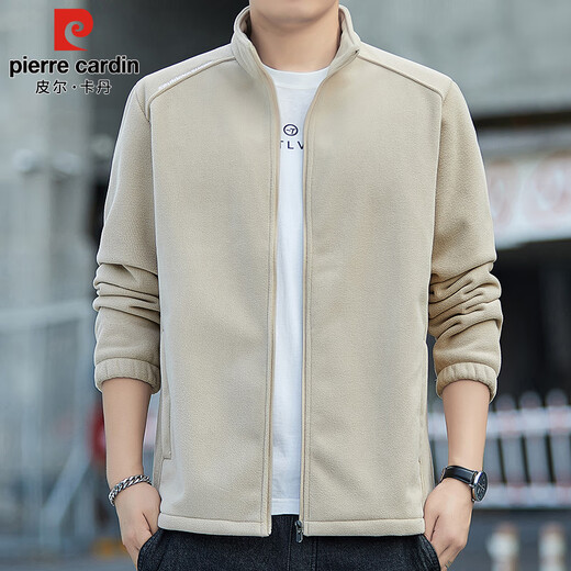 Pierre Cardin Jacket Men's Autumn and Winter Fleece Jacket Men's Stand Collar Solid Color Polar Fleece Warm Men's Khaki XL