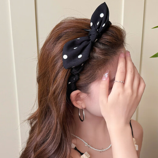 Hua Shike Korean style polka dot bow headband for women 2025 new high-end sense with teeth pressure hair high head non-slip face wash headband 1# black polka dot-rabbit ear headband