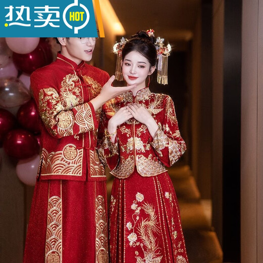 
Shantoulin Village wedding dress, phoenix crown, robe and couple Xiuhe clothes 2025 bride wedding toast clothes, small wedding dress, Chinese wedding dress, Fenglaiyi pleats, diamonds and red beads, S Recommended 100-120 Jin [Jin equals 0.5 kg]