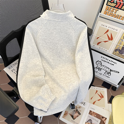 Capti Spring and Autumn Outdoor Striped Texture Sweatshirt National Trend Henry Collar Cotton Sweatshirt Men's Training Long Sleeve Heavy Jacket Gray M