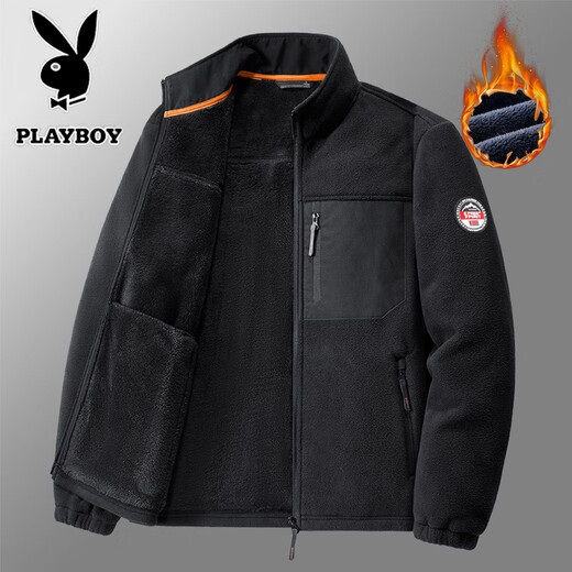 Playboy (PLAYBOY) Jacket Men's Autumn and Winter Plus Velvet Thickened Stand Collar Warm Loose Casual Jacket Khaki XL
