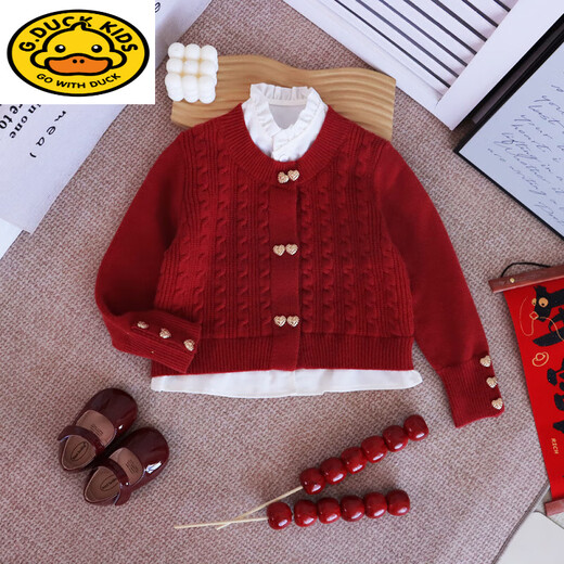 G.duck red sweater parent-child outfit for a family of four 2025 new autumn and winter three-person mother-child mother-daughter style family style fake two pieces/cardigan 100 children's clothing