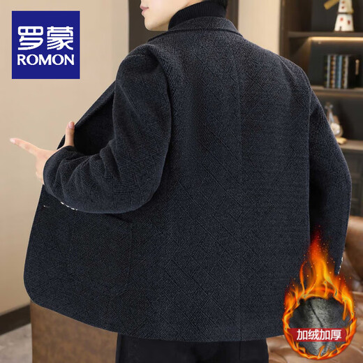 ROMON woolen casual suit men's jacket autumn and winter thickened velvet warm fashion small suit embroidered woolen jacket dark gray XL 120-140Jin Jin equals 0.5 kg