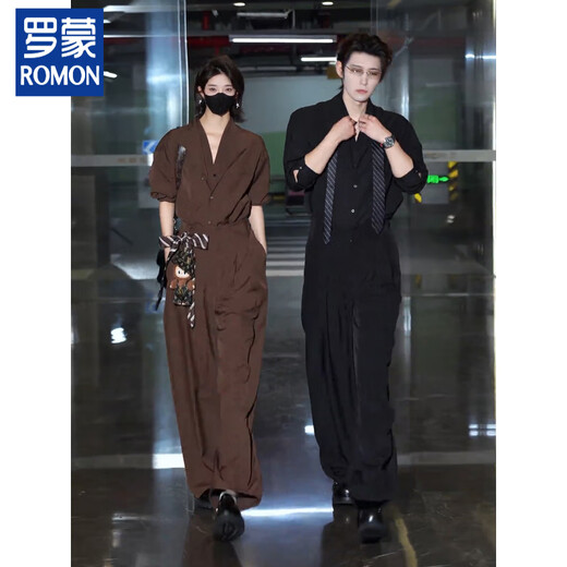 ROMON Maillard old money style male model high-end suit Korean design fake two-piece suit collar shirt drape trousers black suit 2XL