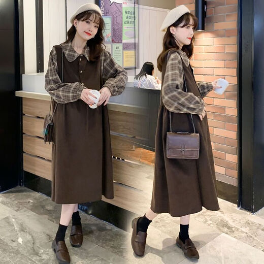 Maternity dress spring and autumn new plaid slimming fake two-piece dress loose maternity autumn skirt brown fake two-piece dress L (recommended 115-130 Jin Jin equals 0.5 kg)