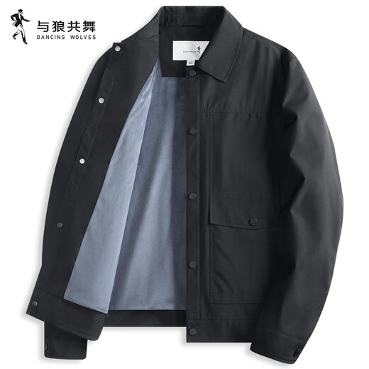 Dances with Wolves Velvet Lapel Casual Jacket Men's 2025 Autumn and Winter New Embroidered Workwear Commuting Youth Jacket 1002 Black 001 - Velvet Style M (170)