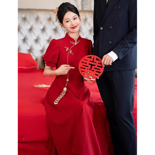 Pubindi Bridal Toast Wear Chinese Cheongsam Toast Wear 2025 New New Red Bride Wedding Engagement Return Dress Burgundy XS