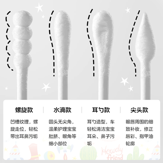 Disney co-branded paper cotton swabs for babies and children, ear scoop tips for infant makeup, 1 box of Toy Story Tris 200 pieces, water drop tips + ear scoop tips