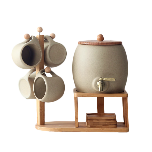 Japanese cold kettle ceramic water cup set with faucet household cool bucket scented tea juice drink bucket high temperature cold kettle clay pot 2.3L + four cups 220ml + four coasters round coasters with shelf