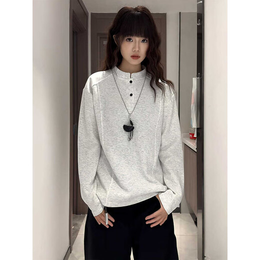 Katuchi Henry collar long-sleeved polo shirt for men in autumn American deconstructed splicing right shoulder sweatshirt boxy version inner base light gray L