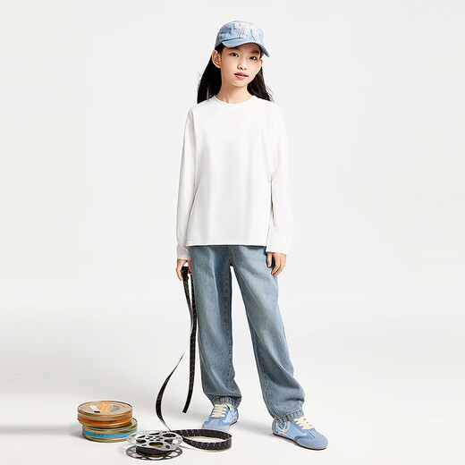 安奈儿速干小白T男女童长袖T恤针织衫2025新款宽松弹力抑菌亲子装 米白 110