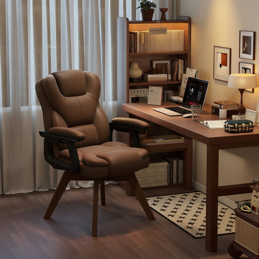 Menile Rotating Computer Chair Home Study Desk and Chair Solid Wood Legs Dormitory Sofa Chair Comfortable Sedentary Leisure Back Chair Brown Wear-Resistant Cat Scratch Leather Solid Wood Legs Reclining Armrests