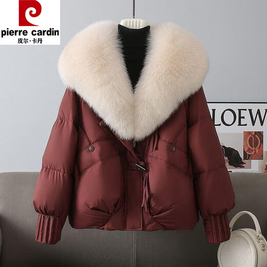 Pierre Cardin Beige Large Fur Collar Thickened Warm Down Cotton Jacket Women's 2025 Season New Horn Button Bread Jacket Trendy Black Cotton Jacket Black Fur Collar M Recommended 90-115 Jin Jin equals 0.5 kg