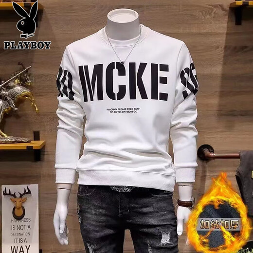 Playboy (PLAYBOY) high-end 2025 new spring, autumn and winter men's sweatshirt trendy brand trendy slim round neck printed pullover base shirt for men H1278-Black plus velvet M Recommended 90-110Jin [Jin equals 0.5 kg]