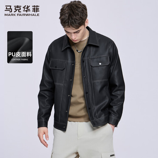 Mark Huafei Lapel Jacket Men's 2025 Autumn New Topstitched Casual Handsome PU Leather Jacket Men's 1095 Black 001 M 170