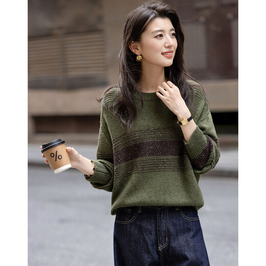Demana Muyun Linglong winter sheep wool sweater retro round neck contrast ribbed loose knitted sweater women's top