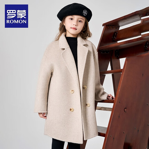 Luo Meng girls double-sided wool coat autumn and winter style children's style mid-length thick woolen coat milk tea white 130