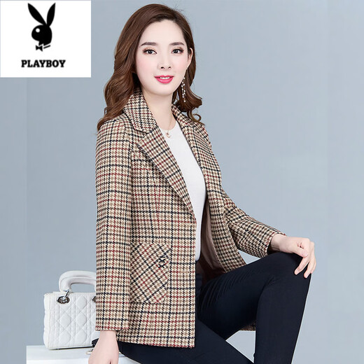 Playboy (PLAYBOY) short blazer for women 2025 new autumn style middle-aged spring autumn middle-aged mother autumn small suit western style plaid orange plaid 5XL recommended 138-150Jin Jin equals 0.5 kg