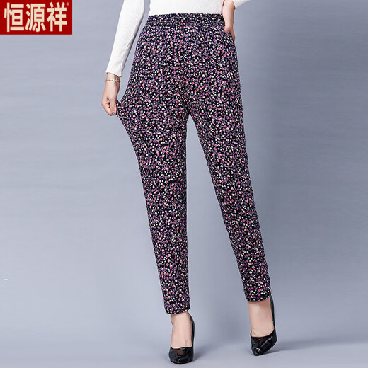 Hengyuanxiang middle-aged and elderly women's trousers, winter clothing, elderly grandma's warm cotton trousers, high-waisted velvet thickened mother's flower pants for outer wear in winter, new colors four, three-layer velvet thickened cotton trousers 4XL recommended 140-160Jin Jin equals 0.5 kg