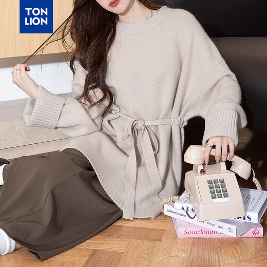 TonLion Women's New Autumn and Winter Loose Solid Color Pullover Jacket Temperament-style Belt Design Long Pullover Apricot Gray S