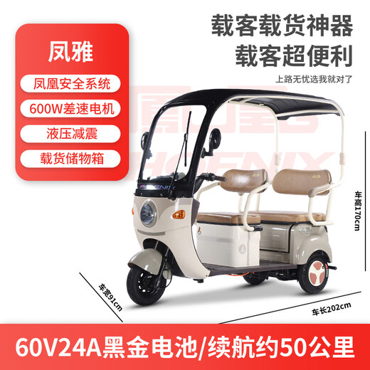 Phoenix Fengya electric tricycle household electric motorcycle adult electric vehicle small tricycle electric vehicle with shed Chaowei battery 600W+60V24A black gold + battery life about 50 kilometers