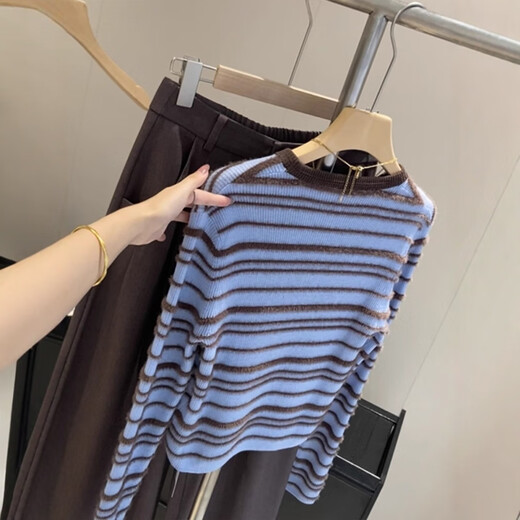 Su Yuwei's French contrast striped wool sweater with round neck sweater for women's autumn high-end slim-fitting bottoming shirt blue top Follow the store - free shipping insurance S (80-95Jin Jin is equal to 0.5kg)
