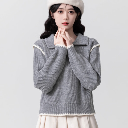 Fitma Gray Polo Neck Sweater Women's Thickened 2025 Spring and Autumn New Loose Bottoming Sweater Lapel Short Top Gray Thickened Model M Medium Size Recommended 100-120 Jin Jin equals 0.5 kg