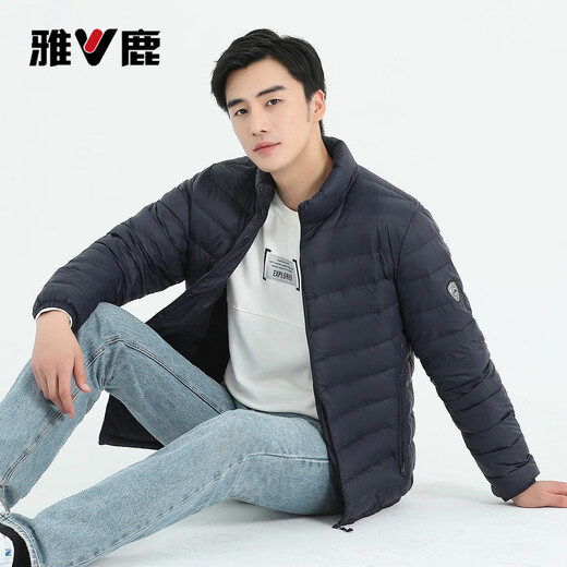 雅鹿轻薄羽绒服男士秋冬季立领白鸭绒外套男休闲纯色上衣 藏青 2XL