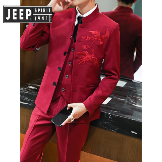 JEEP SPIRIT Jeep men's suit suit Chinese style trend Zhongshan decoration slim and handsome suit set for wedding youth stand-up collar navy blue two-piece suit - (top + pants) free belt tie M