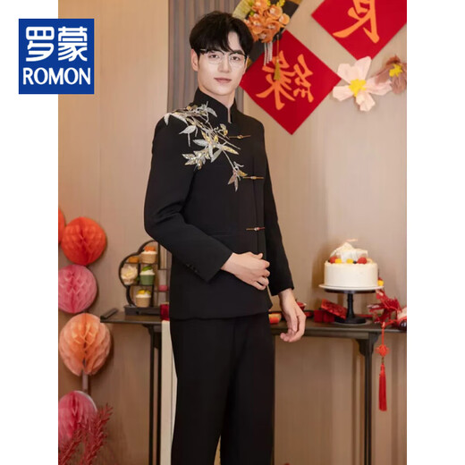 ROMON New Chinese Style Xiuhe Suit Men's Chinese Style Black Mao Suit Wedding Dress Groom Men's Stand Collar Tang Suit Golden Bamboo Leaf Style-Top + Pants M