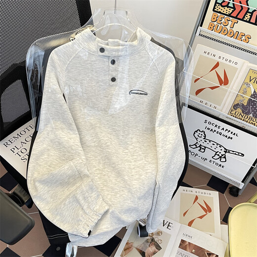 Capti Spring and Autumn Outdoor Striped Texture Sweatshirt National Trend Henry Collar Cotton Sweatshirt Men's Training Long Sleeve Heavy Jacket Gray M