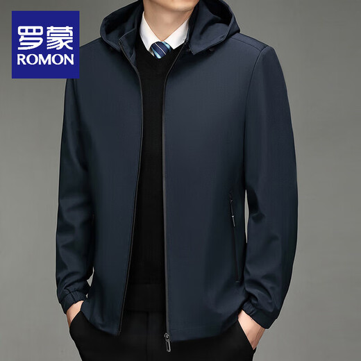 ROMON coat autumn men's middle-aged dad wear detachable hood casual jacket men's winter jacket plus velvet top navy blue regular XL 130-145Jin Jin equals 0.5 kg